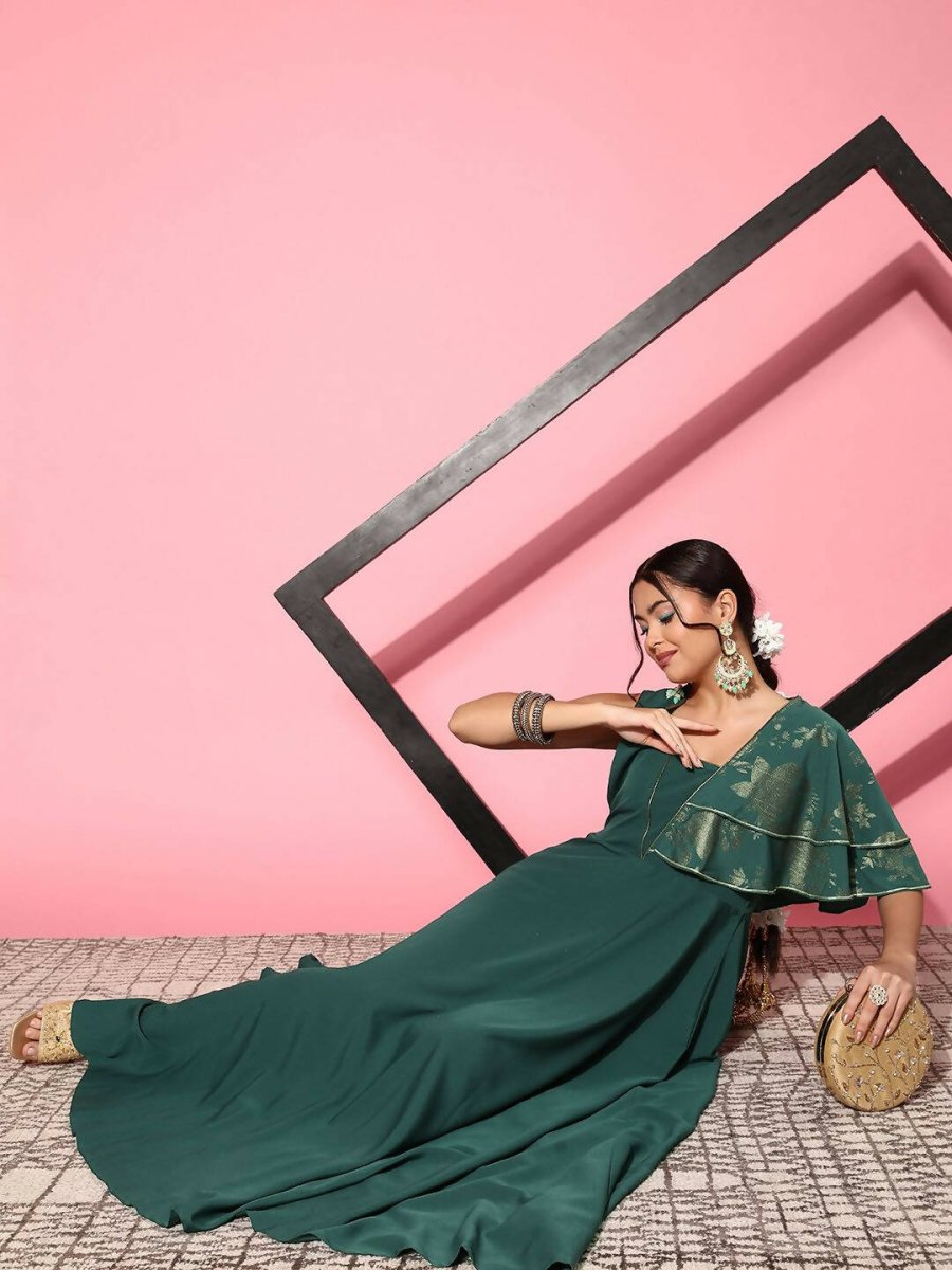 Ahalyaa Gorgeous Green Ethnic Motifs Ruffled Dress - Distacart
