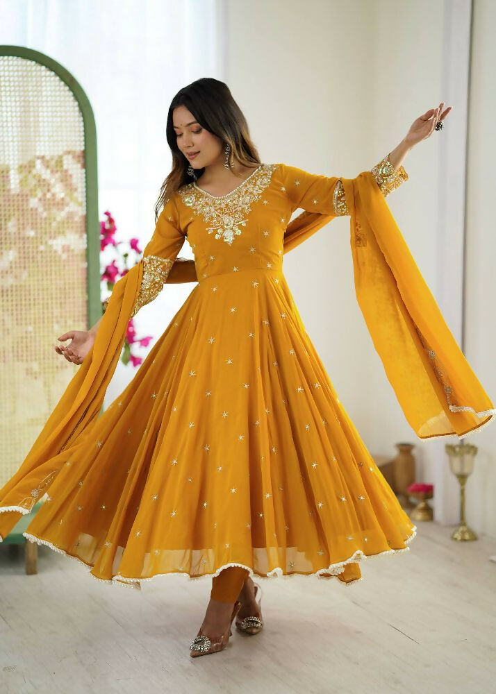 Teeya Creation Yellow Color Faux georgette Embroidery Work Wedding Wear Gown - Distacart