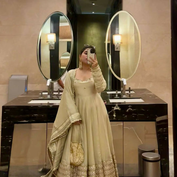 Teeya Creation Womens New Fancy Silk Heavy Quality Fabric with Handwork Cream Gown Set - Dista