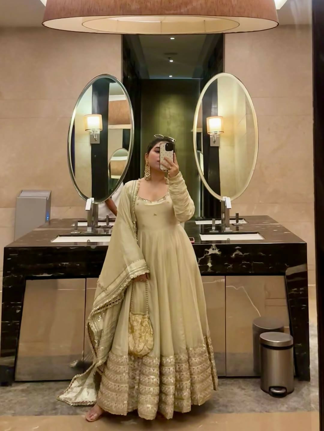 Teeya Creation Womens New Fancy Silk Heavy Quality Fabric with Handwork Cream Gown Set - Dista