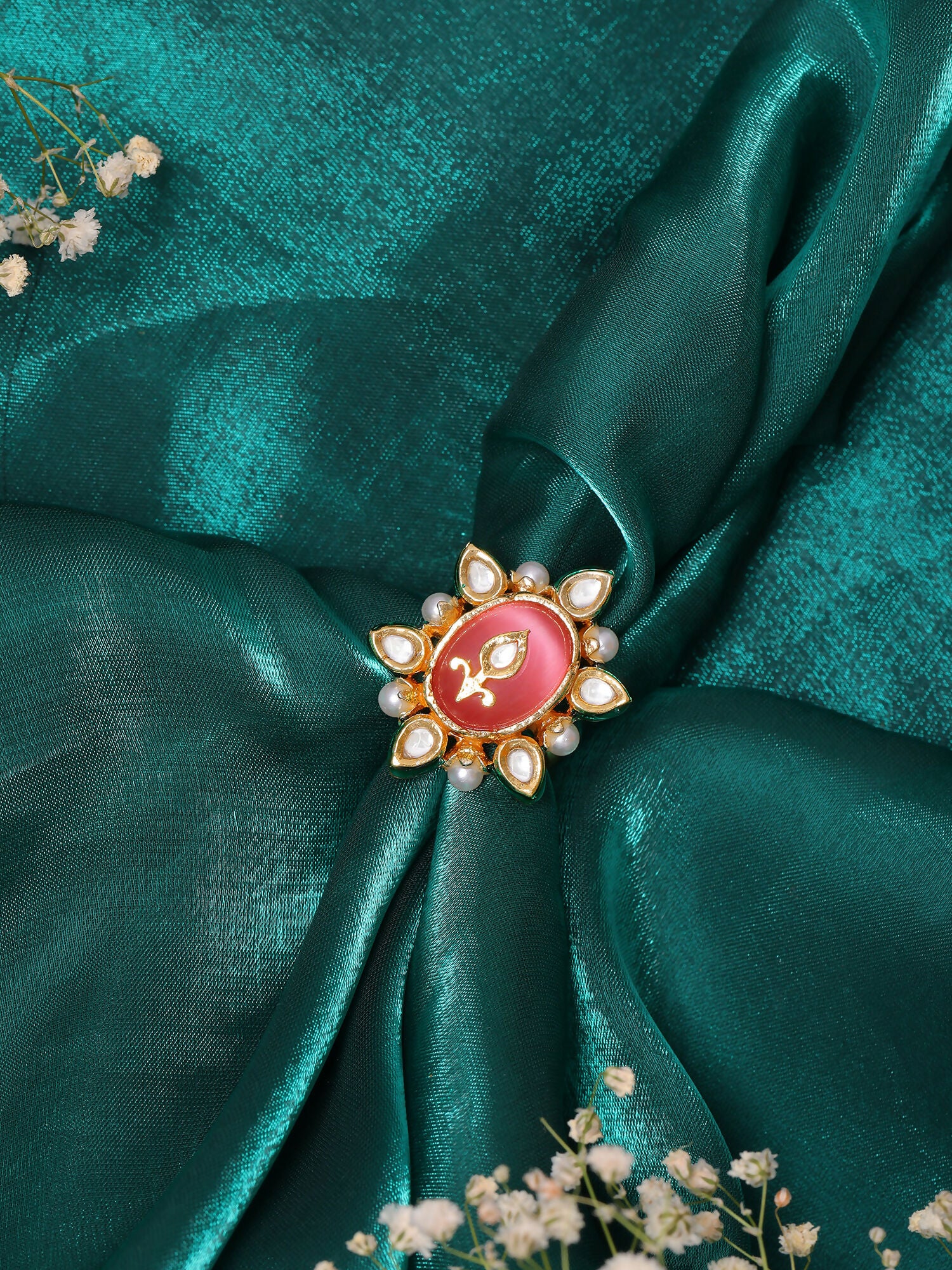 Ruby Raang Gold Polished Peach Kundan Cocktail Ring