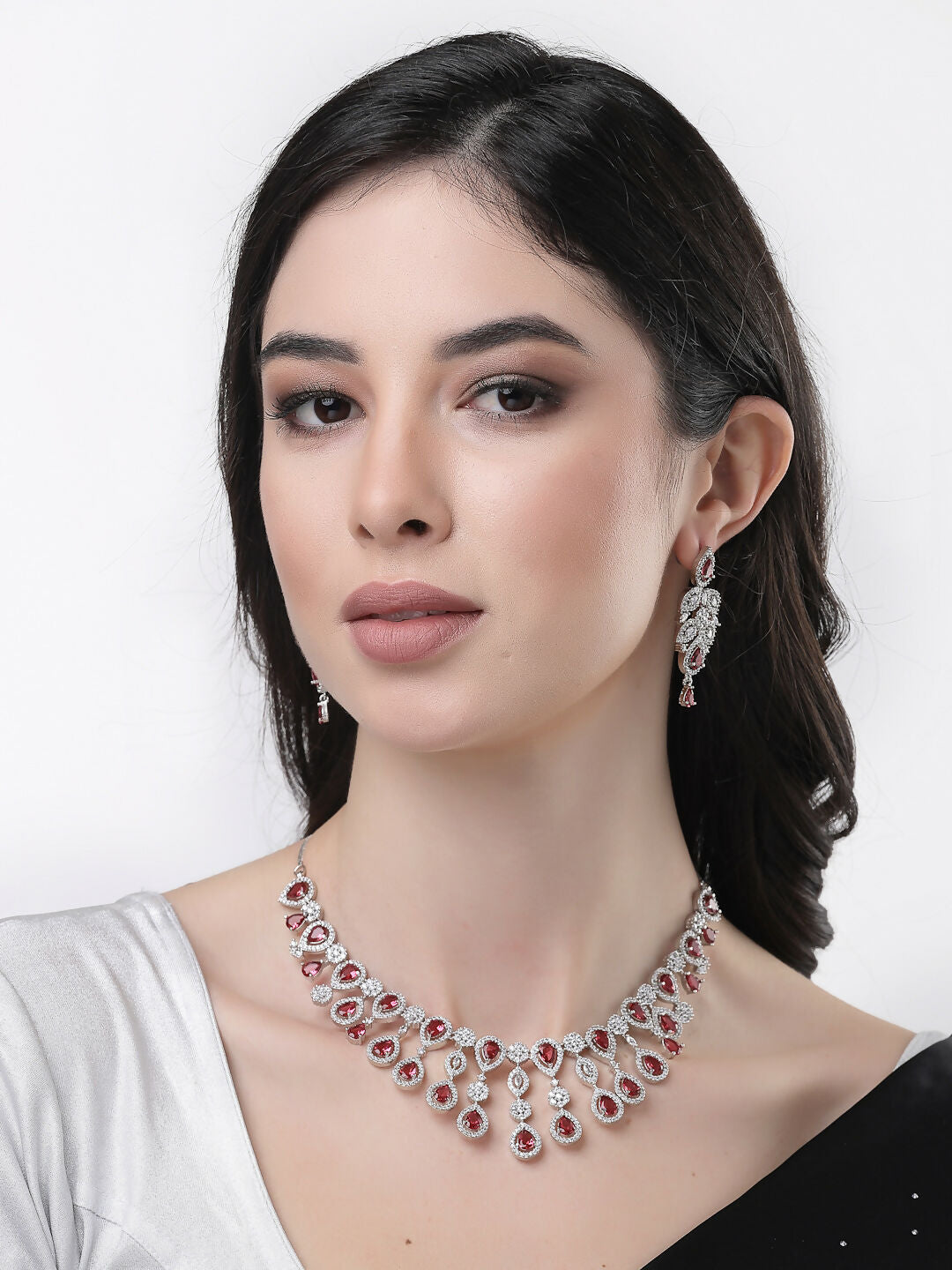 NVR Women's silver plated Maroon CZ stone handcrafted jewellery set - Distacart