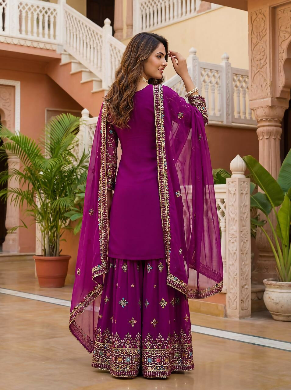 Teeya Creation Wine Faux Georgette Multi Thread Work Wedding Wear Sharara Set - Distacart
