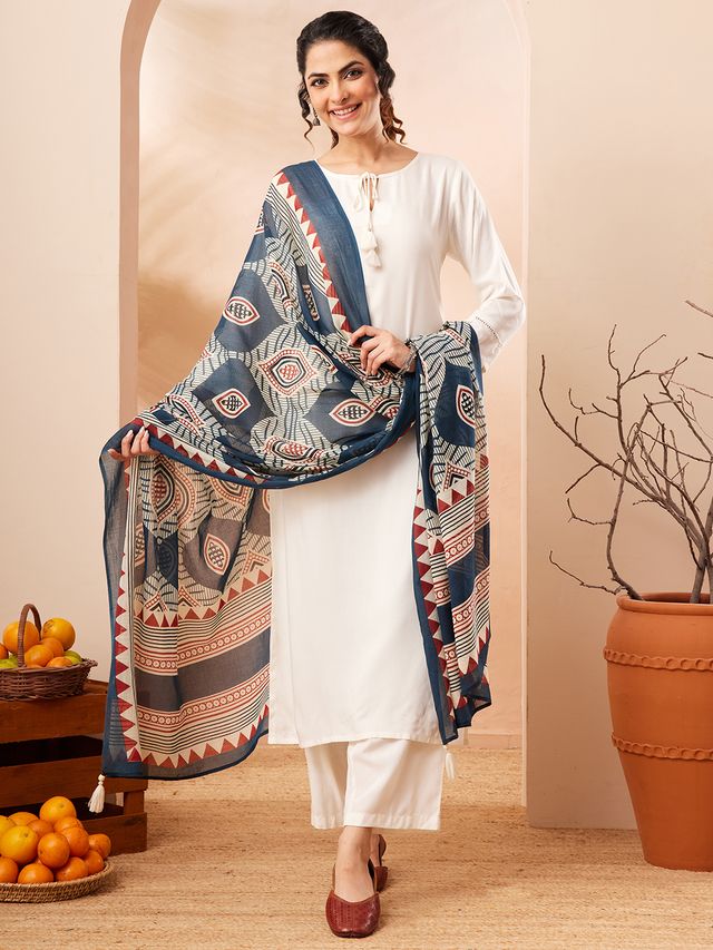 Janasya Off White Straight Rayon Kurta,Bottom & Dupatta - Dista