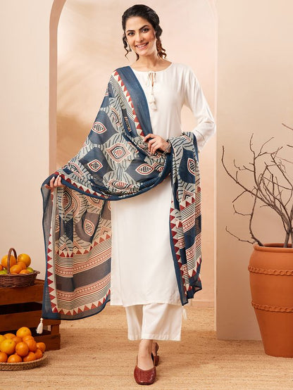 Janasya Off White Straight Rayon Kurta,Bottom & Dupatta - Dista