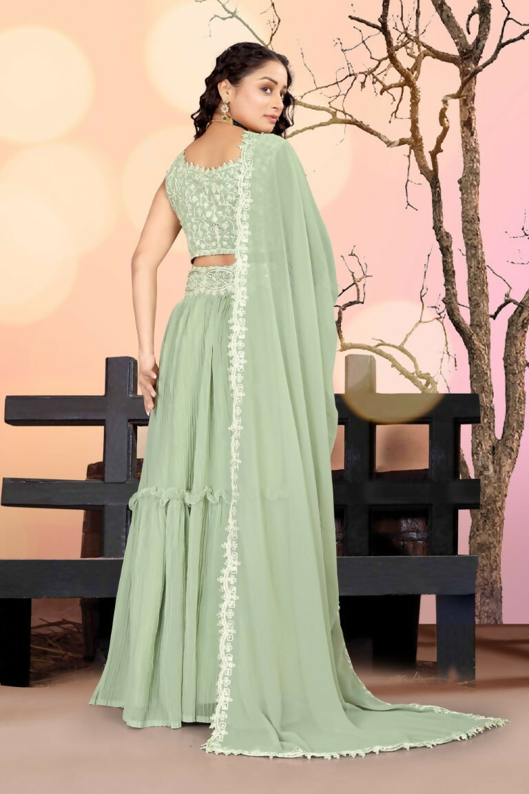 Jyoti Fashion Sea Green Two Tier Crush Georgette Lehenga Choli with Dupatta - Distacart