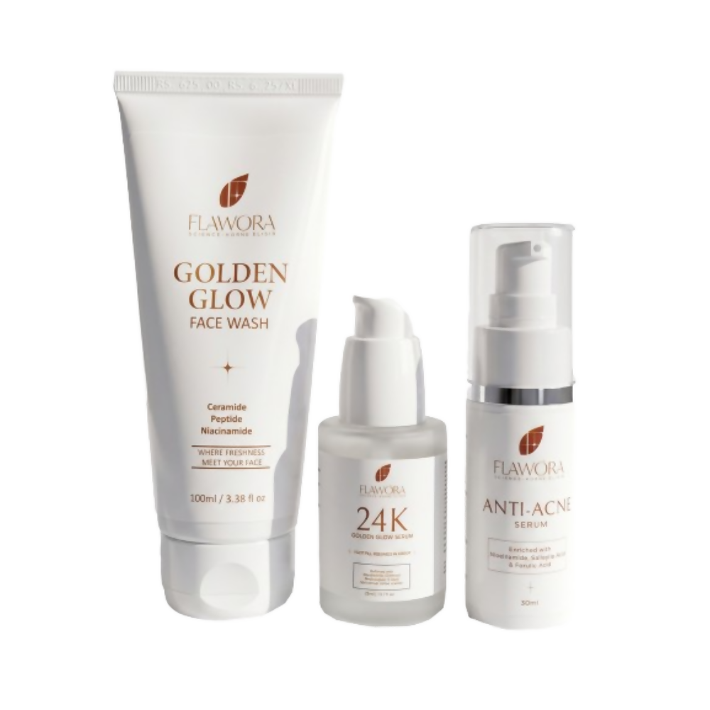 Flawora Set of Golden Glow Face Wash, Anti Acne Serum and 24k Golden Glow Face Serum - Dista
