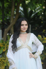 Thumbnail for Jyoti Fashion Women's White Faux Blooming Sequins Zari Embroidered Anarkali Dress with Dupatta - Distacart