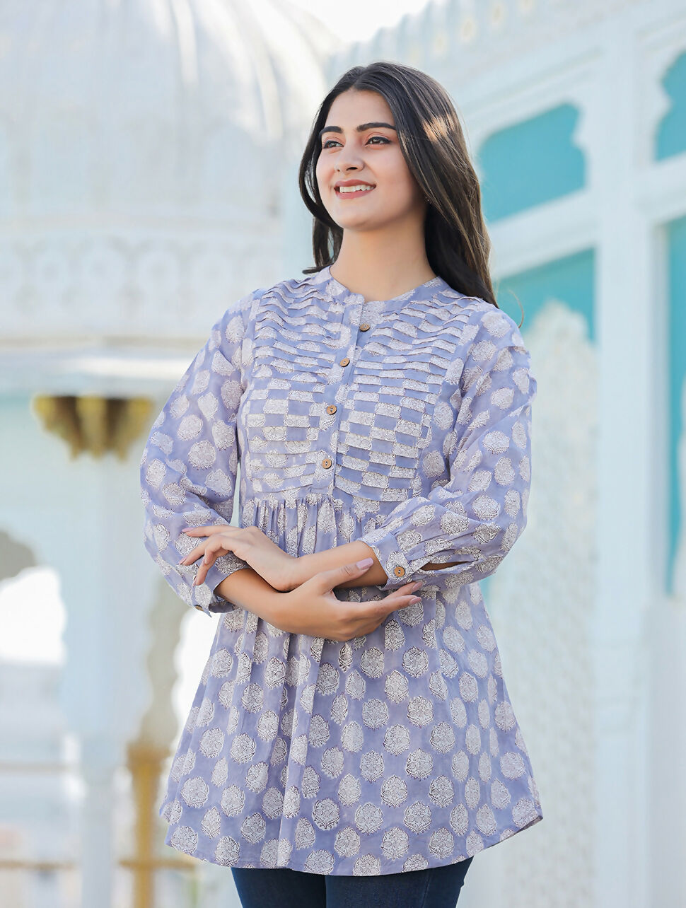 Kaajh Women's Grey Hand Block Printed Cotton Top - Distacart