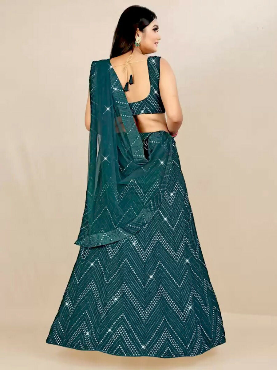 Jyoti Fashion Classy Bottle Green Georgette 3MM Sequins with Thread Embroidery Lehenga Choli with Dupatta - Distacart