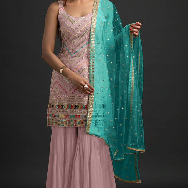 Anaita Peach Georgette Suit with Embroidered Thread & Sequence Work