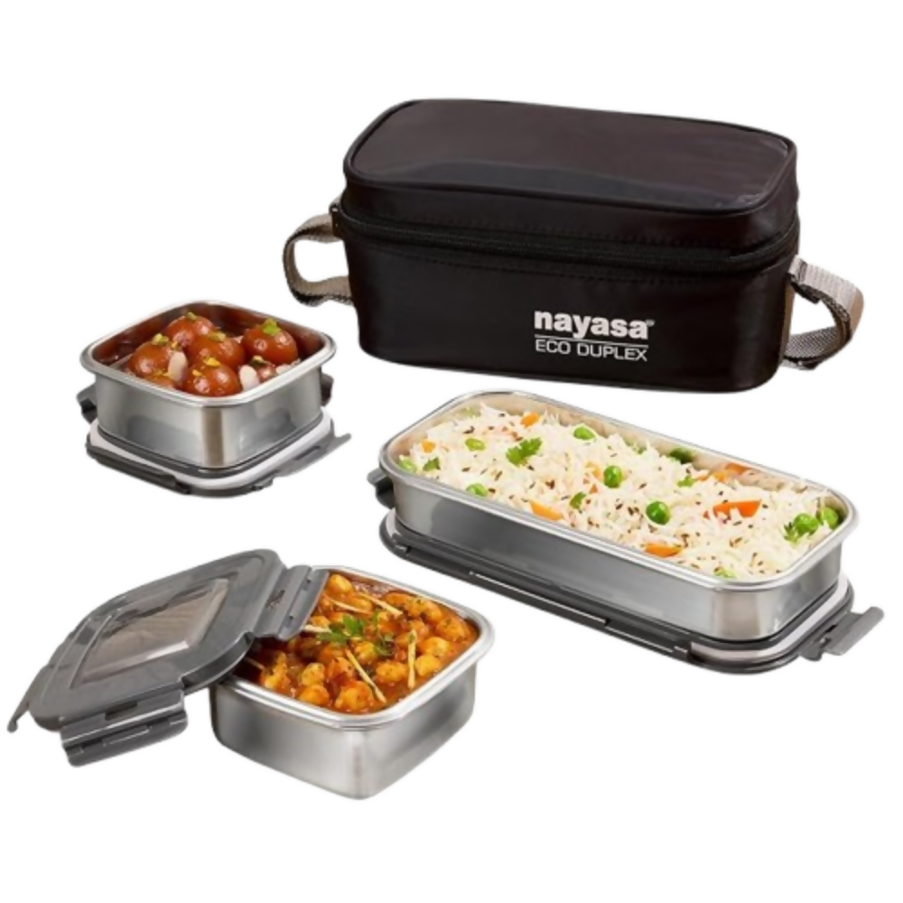 Nayasa Eco Duplex 3 Stainless Steel Office Lunch Box Set with Soft Insulated Bag - Dista