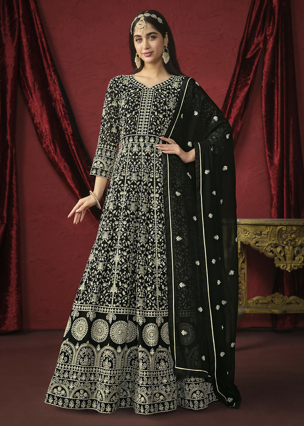 Stunning Black Front & Back Embroidered Trendy Anarkali Suit - Emponline - Distacart