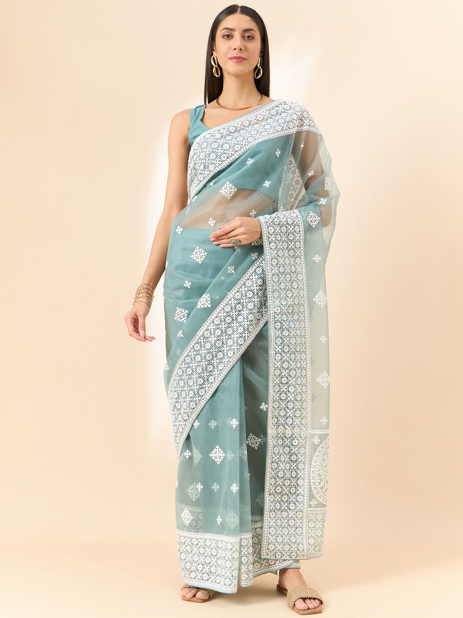 Blue Organza Geometric Embroidered Saree with Unstitched Blouse Piece - Roozal - Distacart
