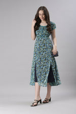 Thumbnail for Souchii Teal & Blue Floral Printed Fit & Flare Dress