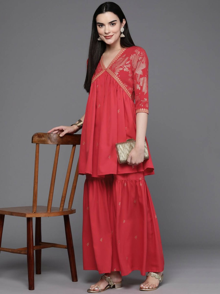 Ahalyaa Women Floral Printed Tunic with Palazzos - Red Color - Distacart