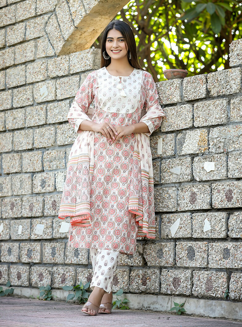 Kaajh Women's White Cotton Mirror Work Kurta Pant Set With Dupatta - Distacart