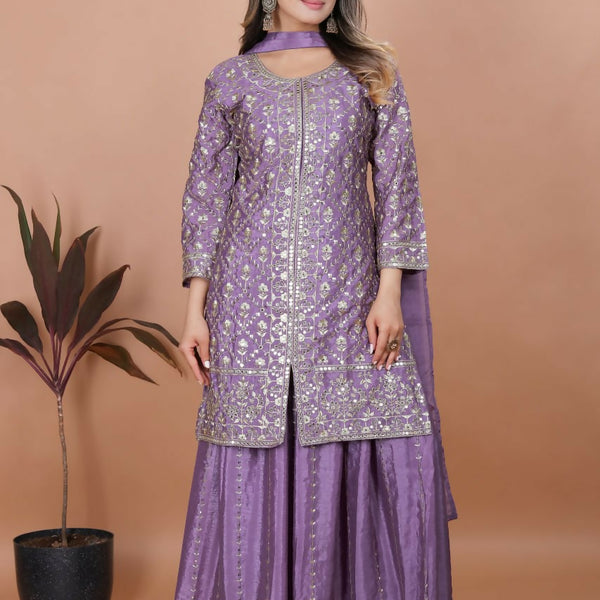 Joban Fashion Purple Silk Embroidered Sharara Set - Distacart