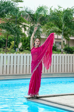 Thumbnail for Vastranavya Pink Embroidery Work Shimmer Chiffon Saree with Unstitched Blouse