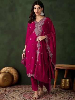 Sangria Floral Embroidered Straight Kurta & Trouser With Dupatta - Distacart