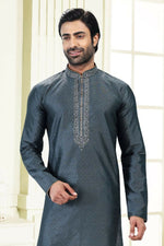 Thumbnail for Raivat Ethnic Jacquard Banarasi Silk Thread Work Kurta Pajama In Grey Colour - Distacart