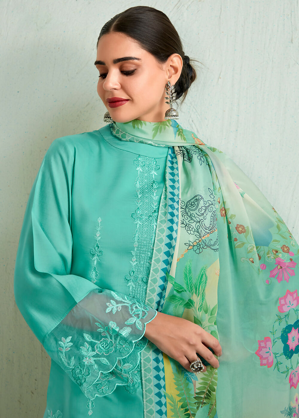 Turquoise Blue Pure Muslin Resham Embroidered Salwar Suit - Emponline - Distacart