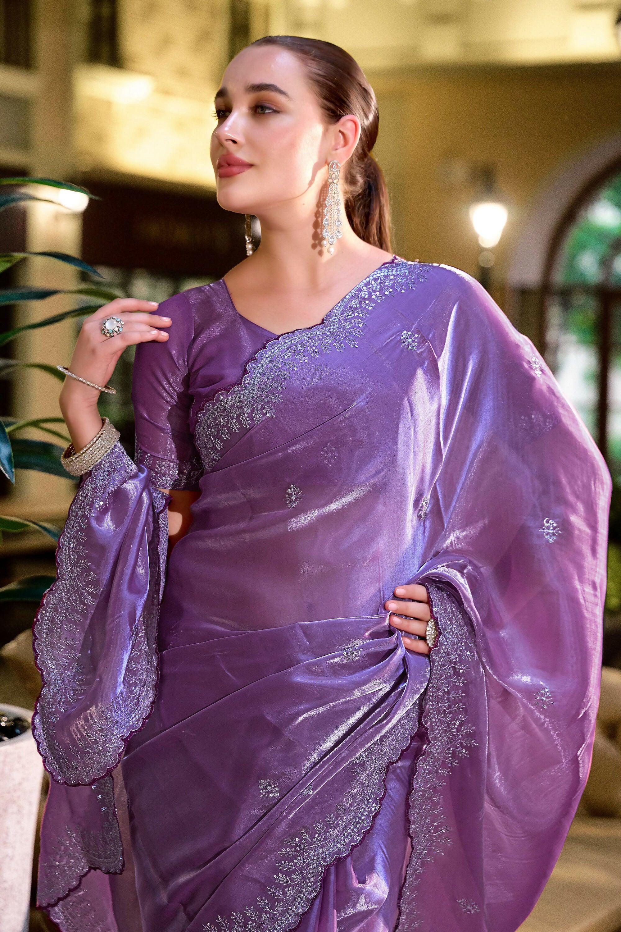Vastranavya Lavender Embroidery Work Shimmer Chiffon Saree with Unstitched Blouse