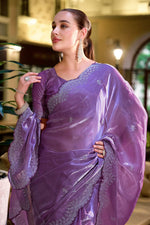 Thumbnail for Vastranavya Lavender Embroidery Work Shimmer Chiffon Saree with Unstitched Blouse