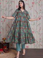 Thumbnail for Ode by House of Pataudi Floral Printed Pure Cotton Anarkali Kurta with Trousers - Distacart