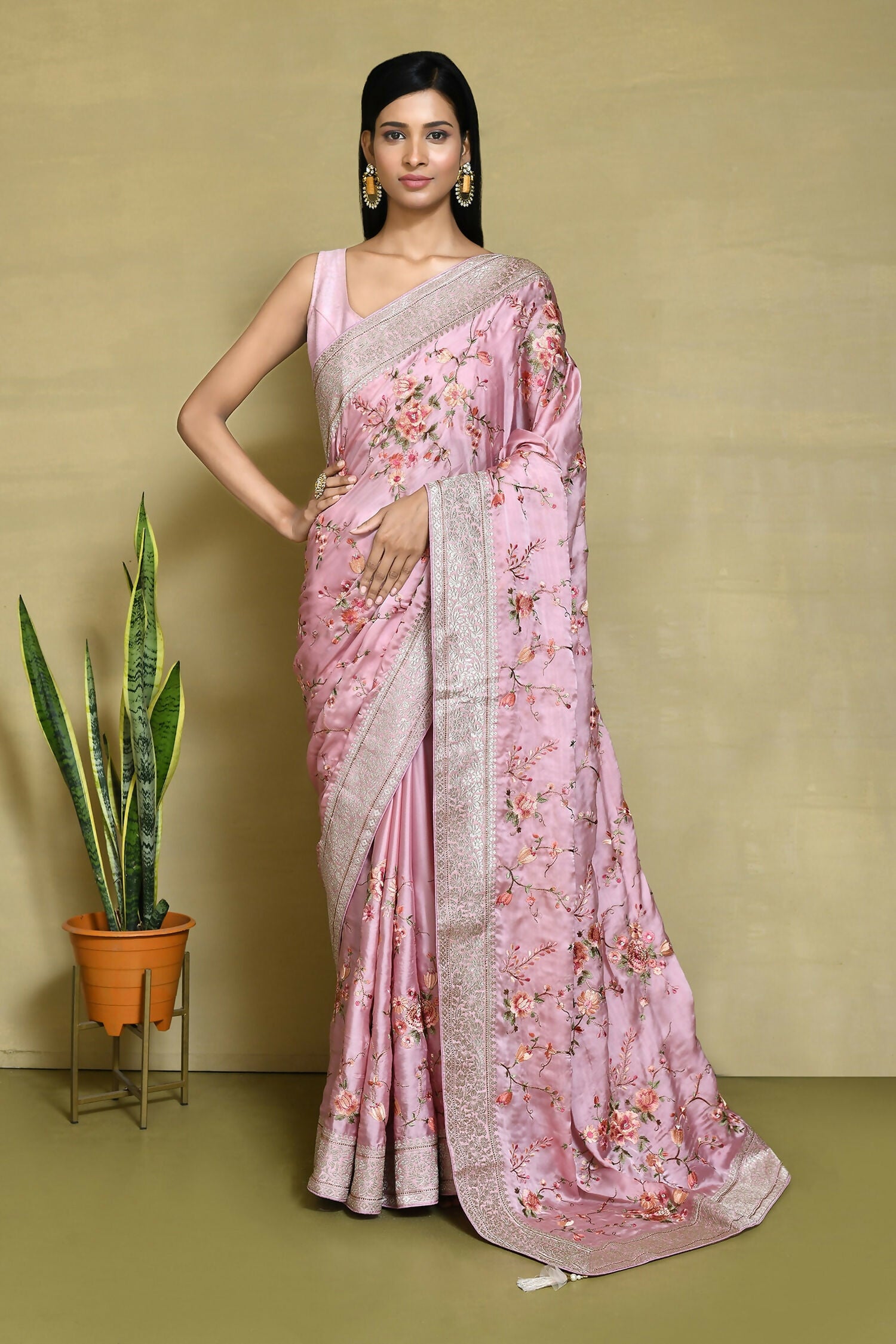 Pink Satin Silk Embroidered With Woven Design Border Festive Saree - Nimaya Denzy - Distacart