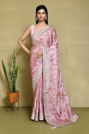 Pink Satin Silk Embroidered With Woven Design Border Festive Saree - Nimaya Denzy - Distacart