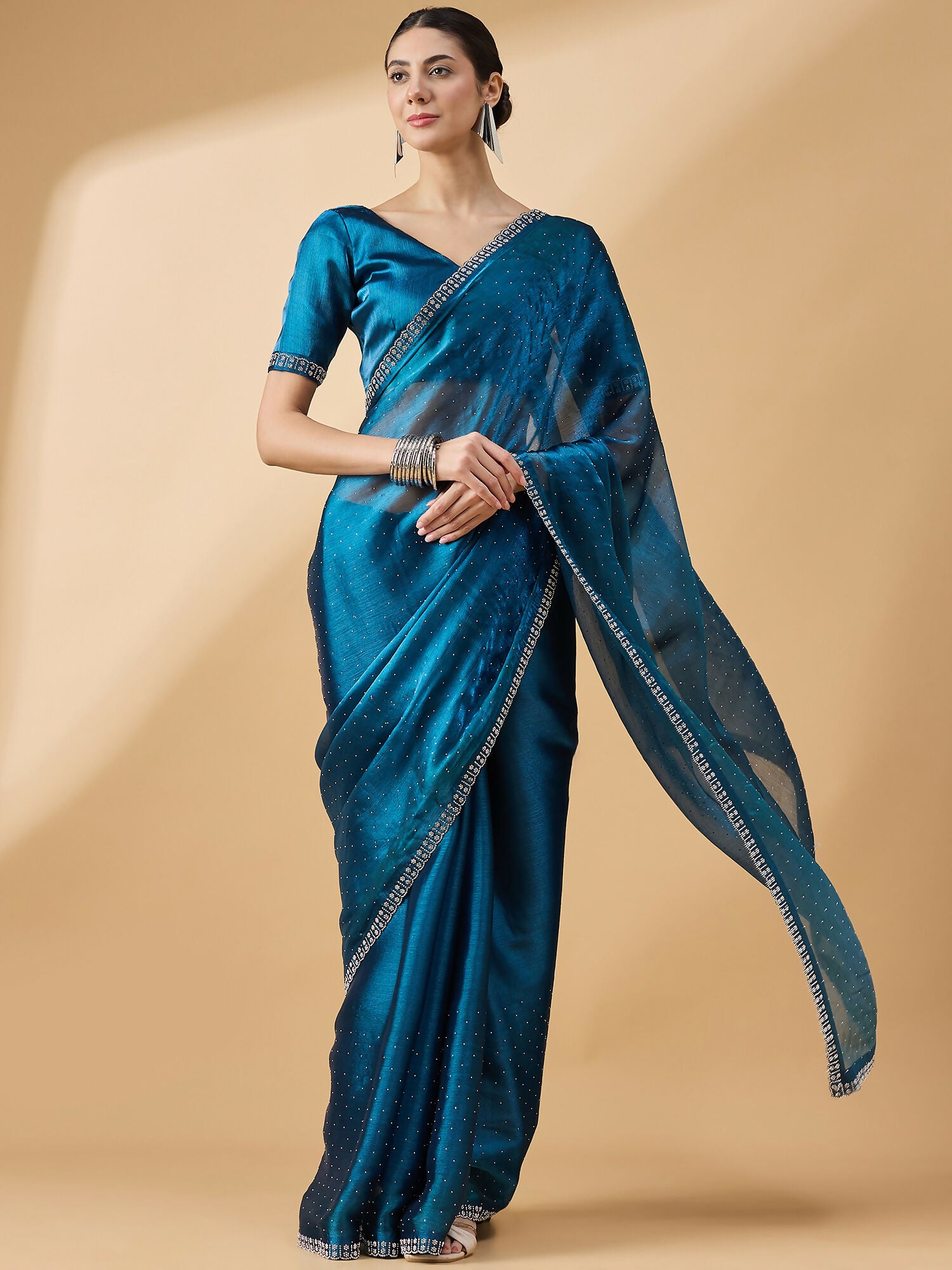 Teal Organza Swaroski Diamond Work Saree with Unstitched Blouse - Radha - Distacart