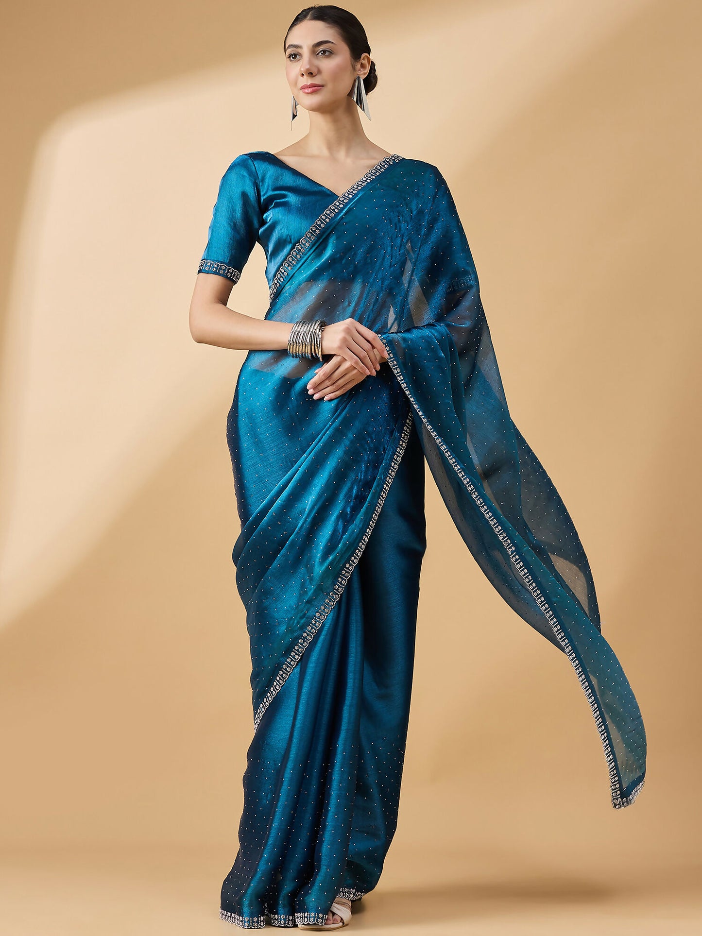 Teal Organza Swaroski Diamond Work Saree with Unstitched Blouse - Radha - Distacart