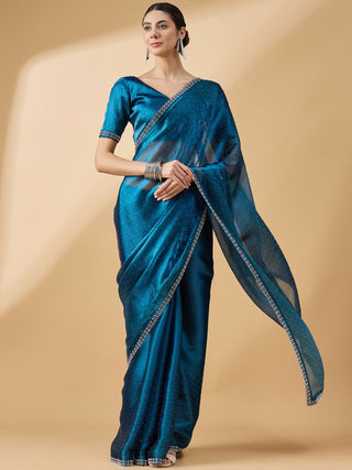 Teal Organza Swaroski Diamond Work Saree with Unstitched Blouse - Radha - Distacart
