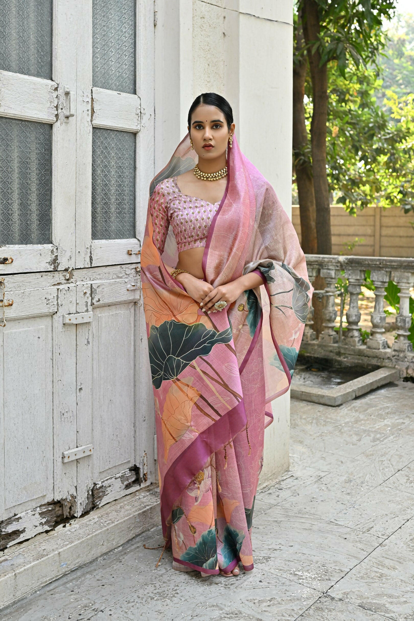 Vishnu Weaves Women's Baby-Pink Cotton Silk Saree with Blouse - Distacart
