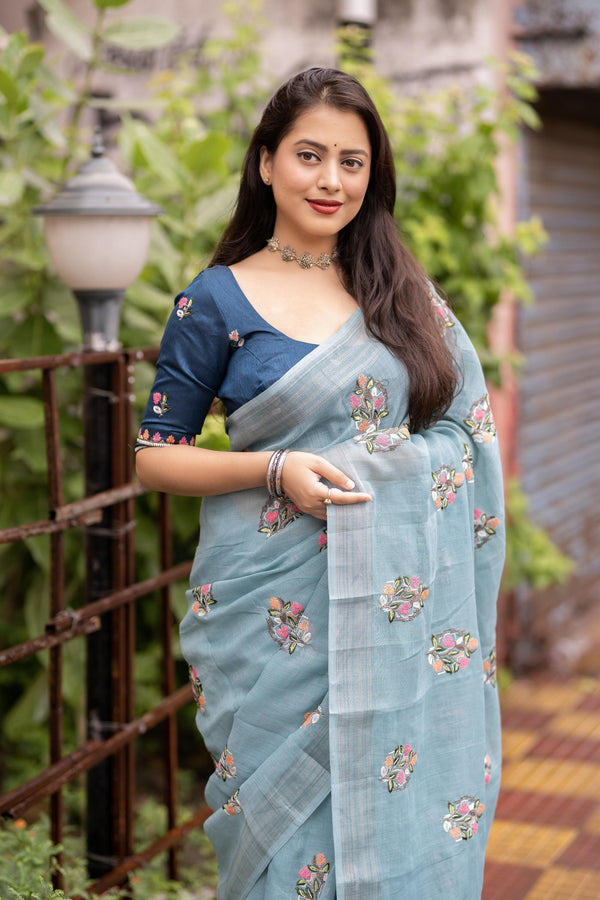 Sky Pure Linen Ethnic Motifs Saree with Unstitched Blouse - A2M