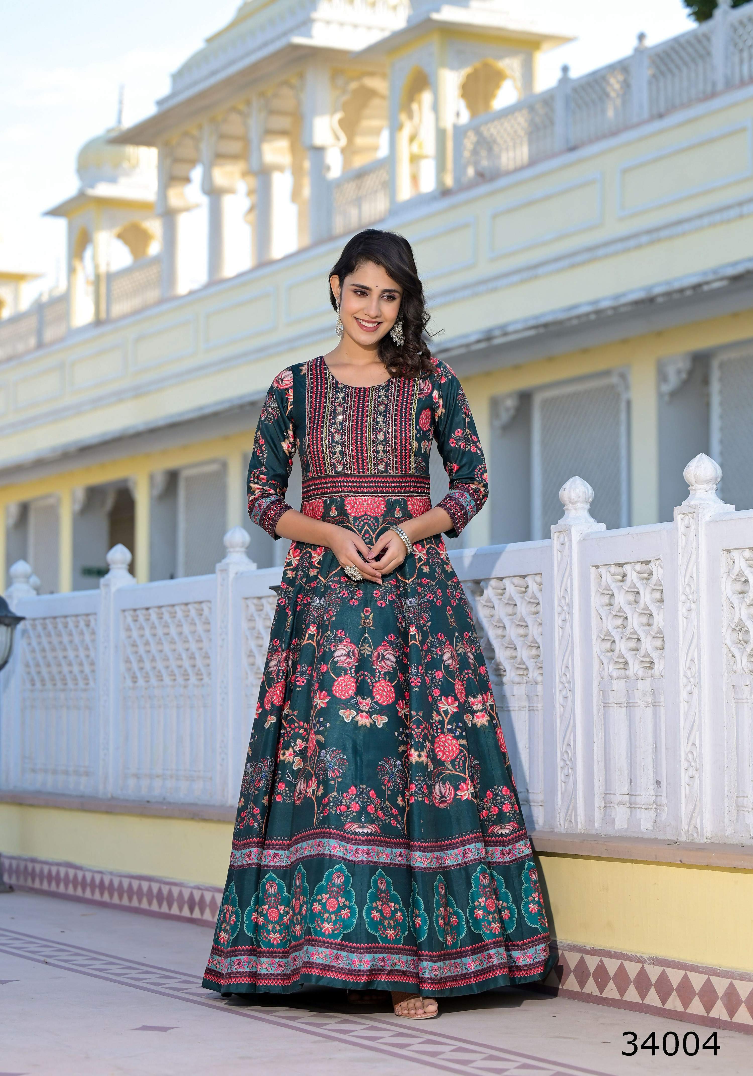 Partywear Designer Green Dola Silk Anarkali suit with Dupatta - Suzen - Distacart