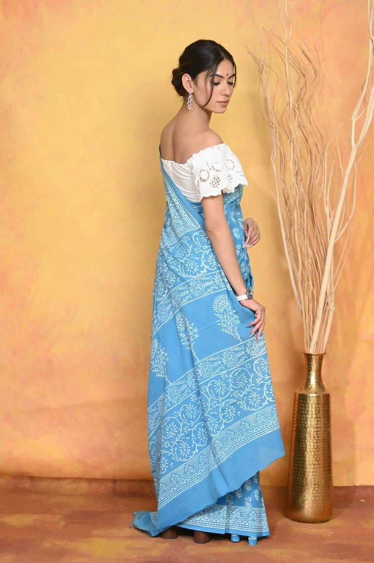 Very Much Indian Handblock Printed Cotton Saree With Natural Dyes - Sky Blue - Distacart