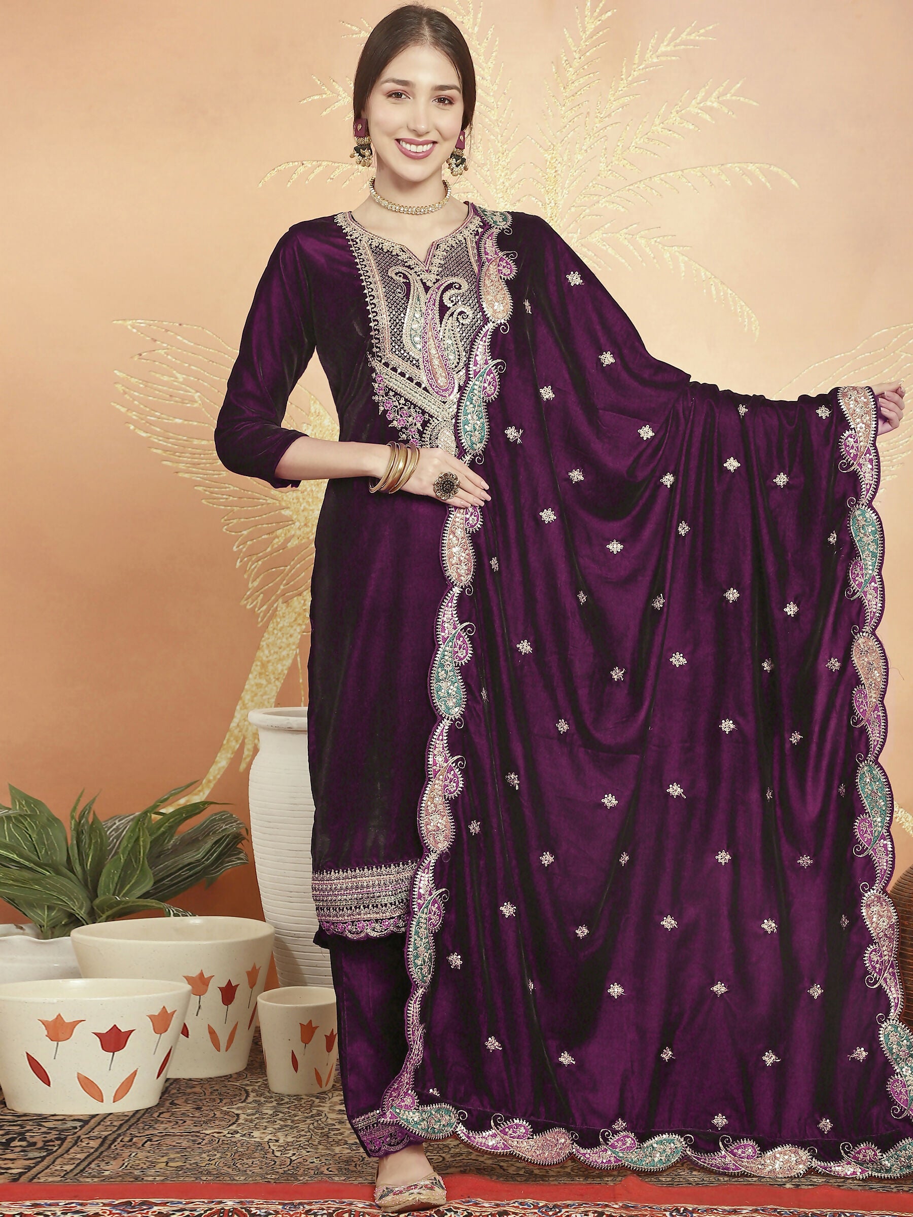 Jyoti Fashion Women's Wine Velvet Cording with Resham Thread & Sequin Kurta with Trouser & Dupatta - Distacart