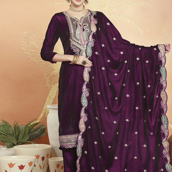 Jyoti Fashion Women's Wine Velvet Cording with Resham Thread & Sequin Kurta with Trouser & Dupatta - Distacart