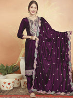 Thumbnail for Jyoti Fashion Women's Wine Velvet Cording with Resham Thread & Sequin Kurta with Trouser & Dupatta - Distacart