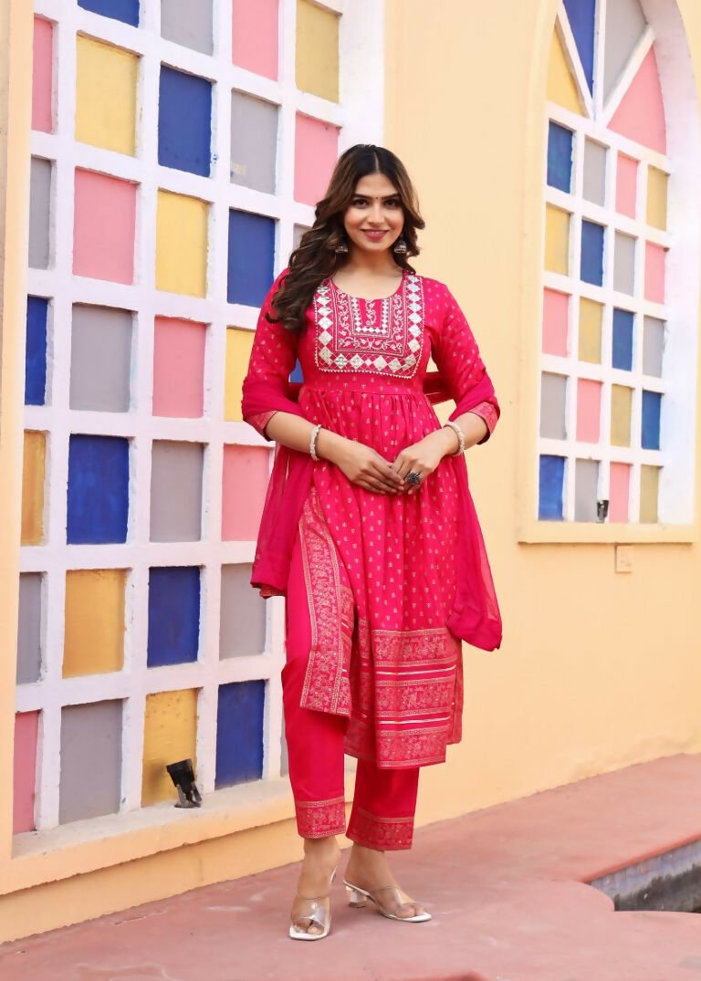 Alvano Women's A-line Naira Cut Embroidery work Print Kurti with Pant and Dupatta set Rayon (Red) - Distacart