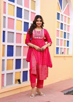 Thumbnail for Alvano Women's A-line Naira Cut Embroidery work Print Kurti with Pant and Dupatta set Rayon (Red) - Distacart