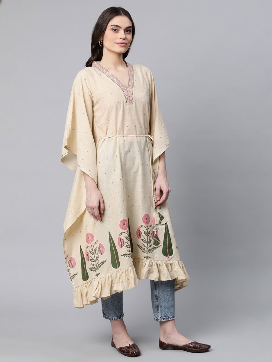 Ahalyaa Women Beige Pure Cotton Floral Printed Kaftan Kurta - Distacart