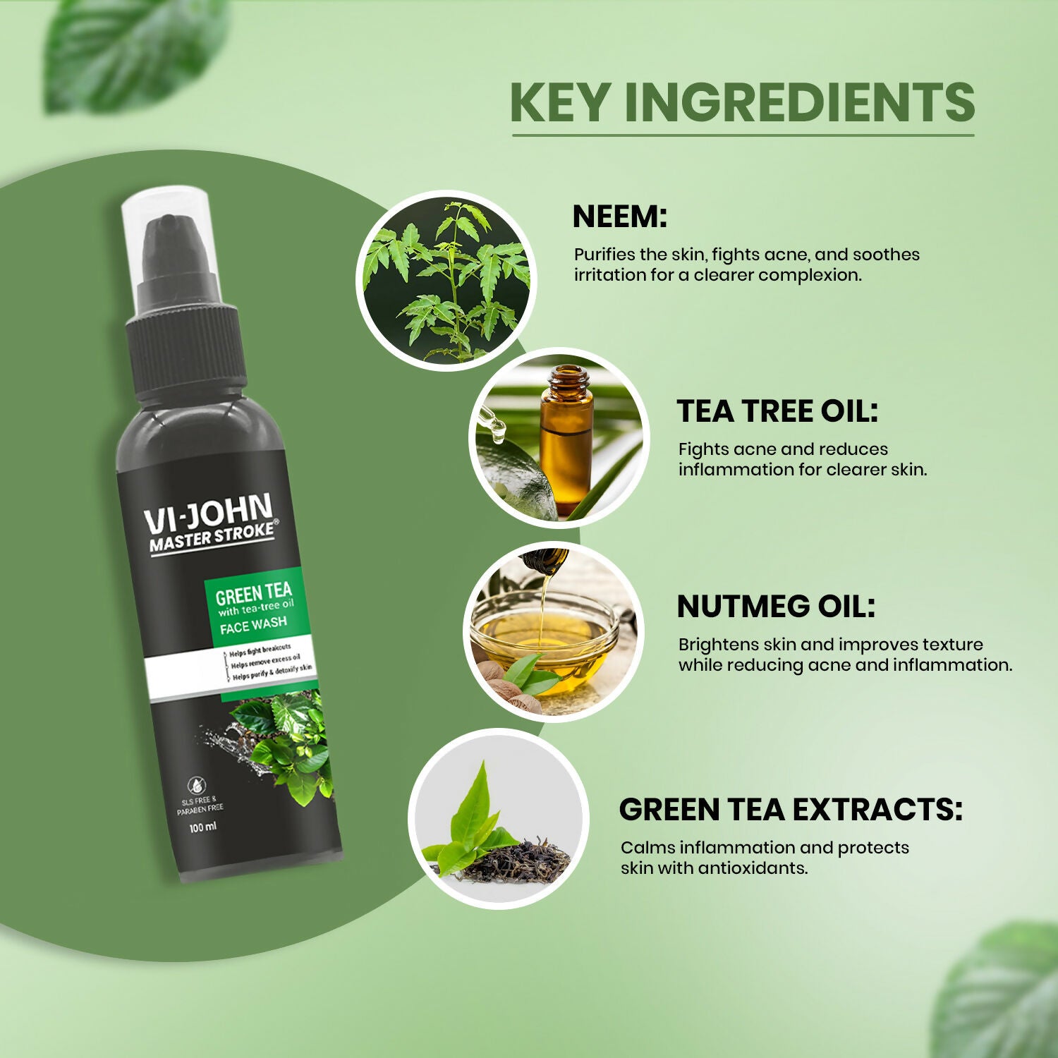 VI-JOHN Master Stroke Green Tea Face Wash Brightening Skin And Improving Texture For All Skin Type