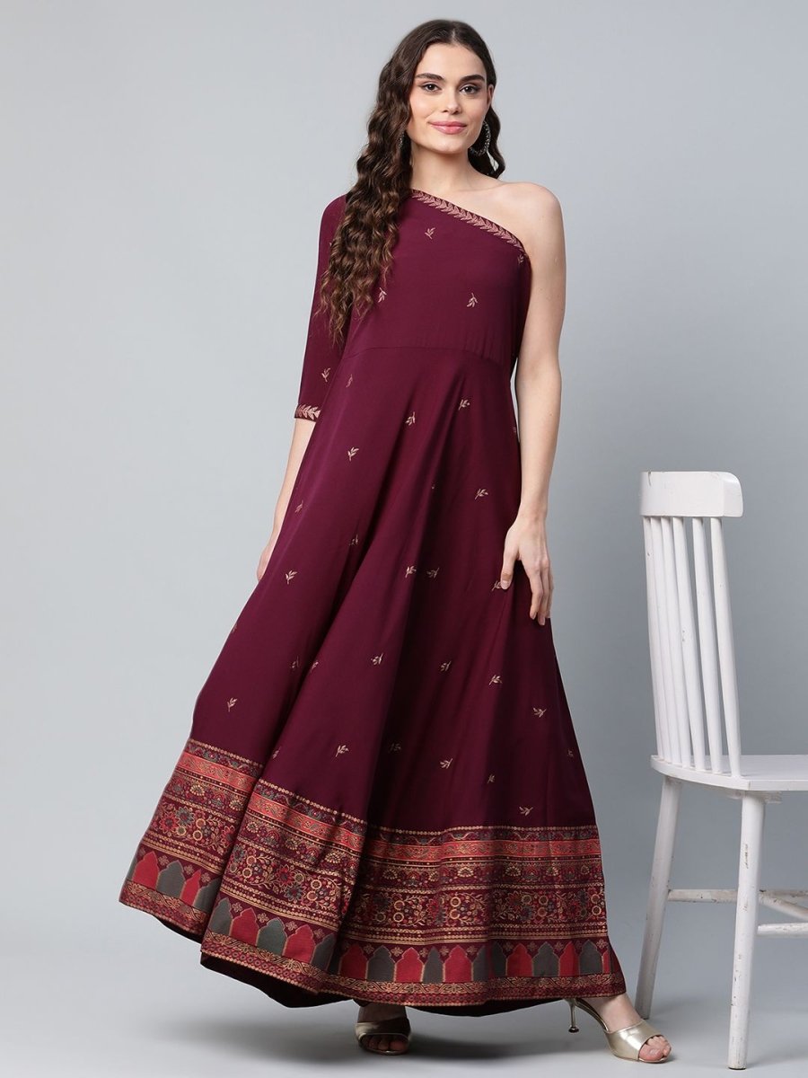 Ahalyaa Women Burgundy & Gold-Toned Ethnic Motifs One Shoulder Ethnic Maxi Dress