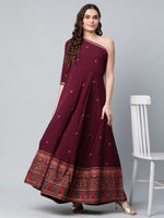 Thumbnail for Ahalyaa Women Burgundy & Gold-Toned Ethnic Motifs One Shoulder Ethnic Maxi Dress - Distacart