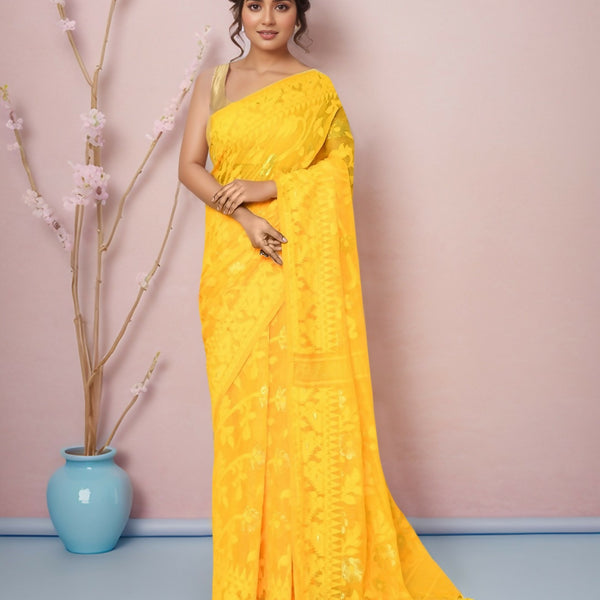 Joban Fashion Yellow Cotton Blend Jamdani Saree