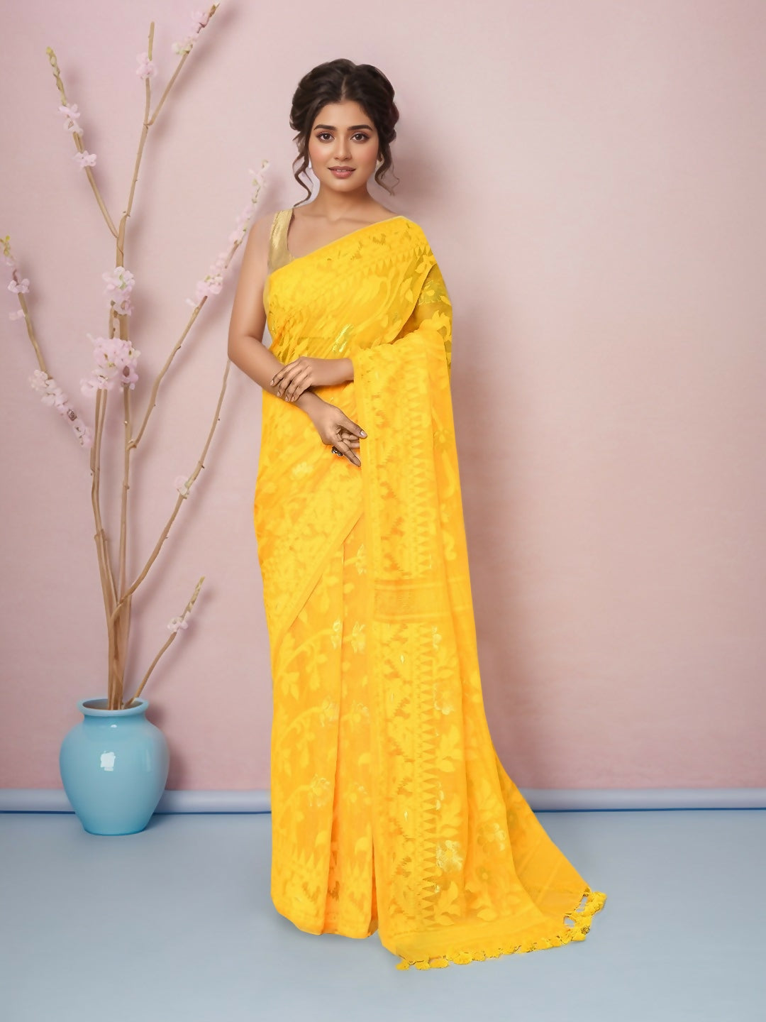 Joban Fashion Yellow Cotton Blend Jamdani Saree - Dista