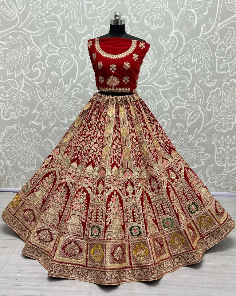 Jyoti Fashion Women's Red Velvet Dori, Multi Thread Embroidered with Diamond Work Wedding Lehenga Choli - Distacart
